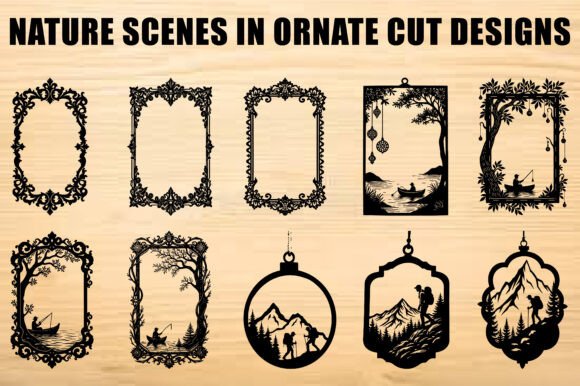 Black Ornate Nature Scene SVG Cut Guide