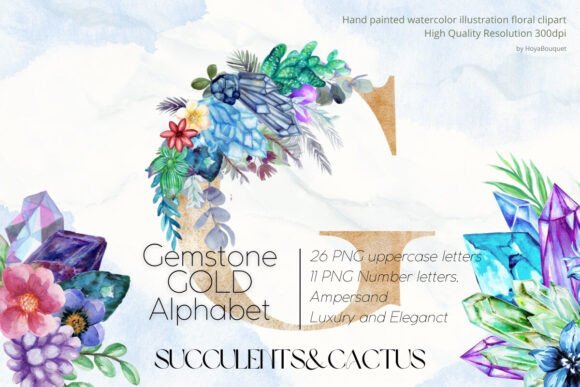 Elevating Designs with Gemstone Gold Alphabet Succulents Cactus