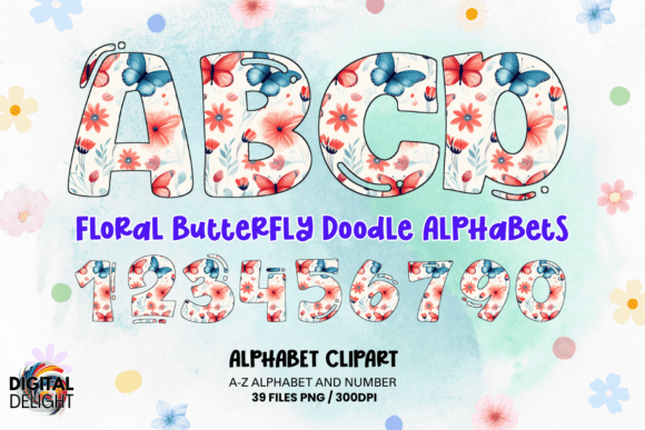 Floral Butterfly Doodle Alphabets PNG