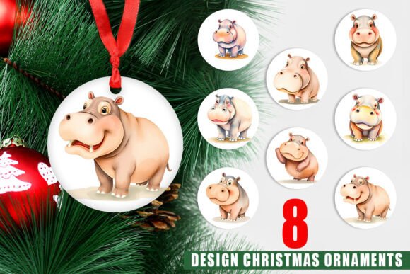 Hippo Wildlife Christmas Ornament PNG Set