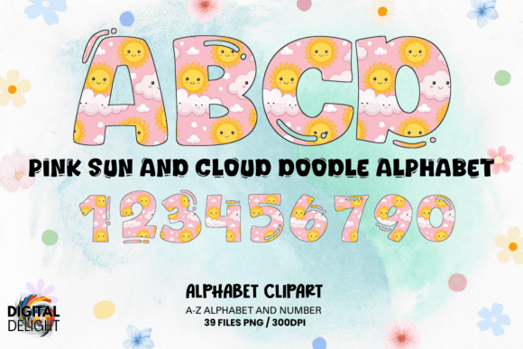 Pink Sun Cloud Doodle Alphabet Guide